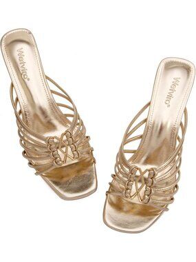 Wetviro Women's Gold Square Open Toe Elegant Sandals Kitten Heel Sandals